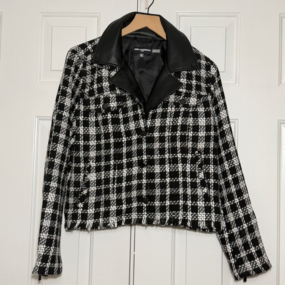 Karl Lagerfeld Paris Tweed Moto Jacket Black White Size M
